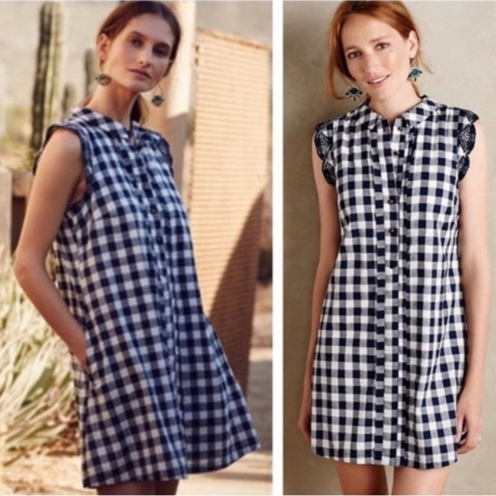 Anthropologie dear creatures scalloped blue and white gingham dress small
